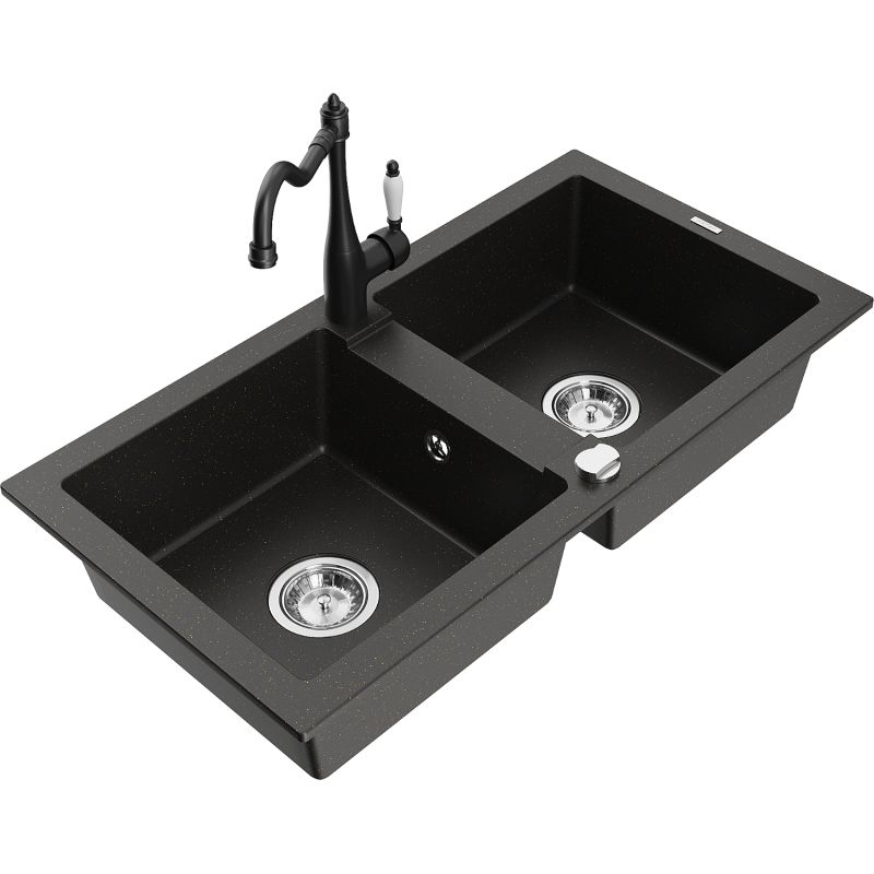 Zlewozmywak granitowy 2-komorowy Mexen Mario z baterią kuchenną Carla czarny/złoty metalik 6504-75-670700-70