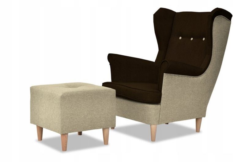 Fotel uszak do salonu z podnóżkiem Family Meble ARI beżowo brązowy 1szt