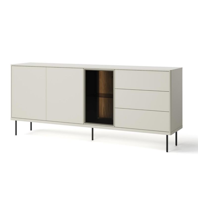 Komoda trzydrzwiowa Bettso Eliro szeroka z szufladami i przeszklonym frontem na czarnych nogach kaszmir 1szt.