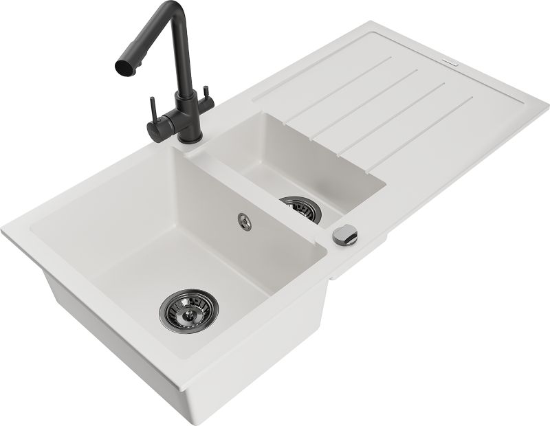 Zlewozmywak granitowy Mexen Andres 1,5-komorowy z ociekaczem i baterią kuchenną Duo beżowy - 6515-69-671701-70-B 1 szt.