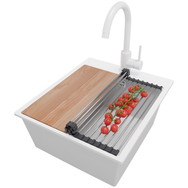 Zlewozmywak Granitowy Oslo PRIMAGRAN Nablatowy 43x50cm do szafki od 45cm z Syfonem i Baterią i Dodatkiem Cały Biały 1 szt.