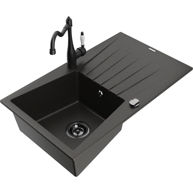 Zlewozmywak granitowy 1-komorowy Mexen Cesar z ociekaczem i baterią kuchenną Carla czarny/złoty metalik 6514-75-670700-70-B