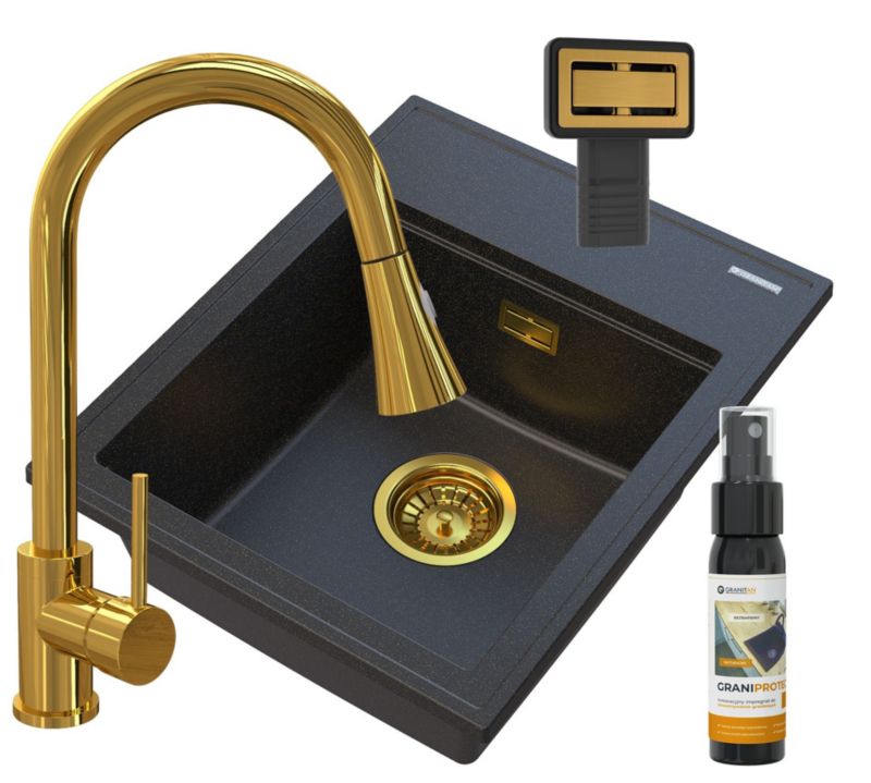 Zlewozmywak Granitowy Jednokomorowy Granitan Alor Czarny Z Drobinkami Złotego Bateria Snake Złota Syfon 1 kpt.