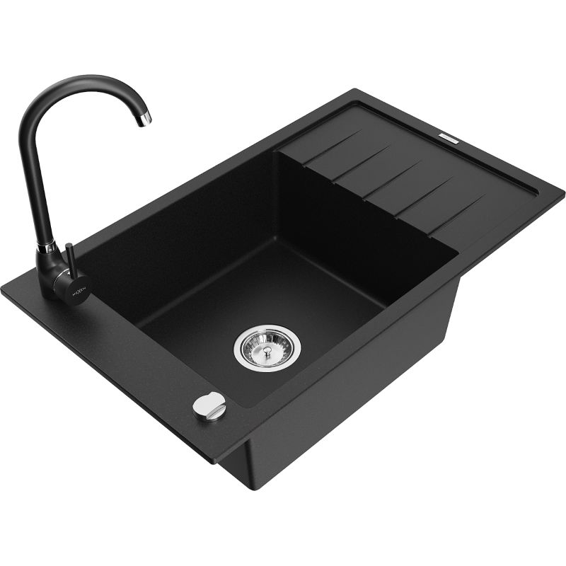 Zlewozmywak granitowy 1-komorowy Mexen Elias z ociekaczem i baterią kuchenną Telma czarny nakrapiany - 6511-76-670200-00 1 szt.