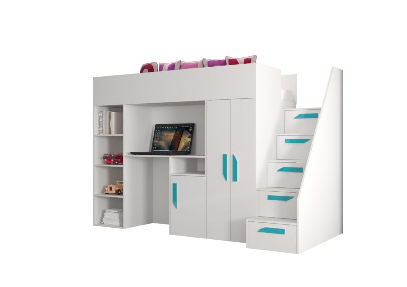Łóżko piętrowe Antresola Abiks PARTY 14 biały + biały + turkusowy 1 szt.