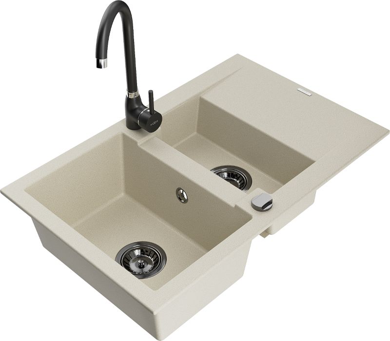 Zlewozmywak granitowy Mexen Gaspar 1,5-komorowy z ociekaczem i baterią kuchenną Telma beżowy 6507-69-670200-70