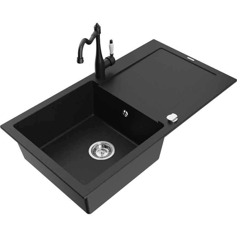 Zlewozmywak granitowy 1-komorowy Mexen Leo z ociekaczem i baterią kuchenną Carla czarny nakrapiany - 6501-76-670700-76 1 szt.