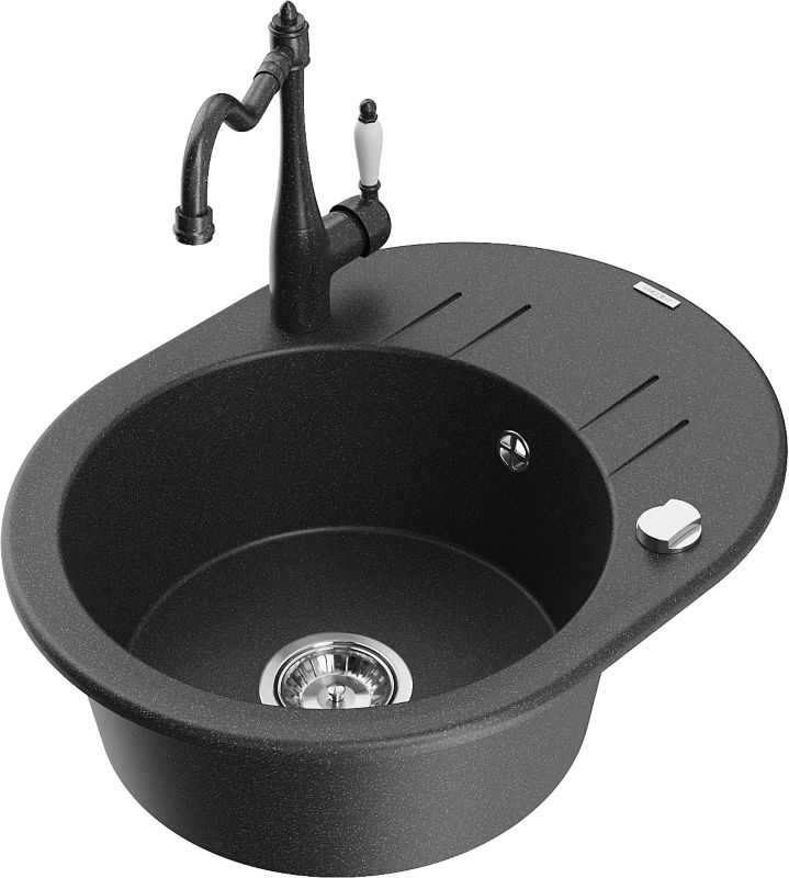 Zlewozmywak granitowy Mexen Kevin 1-komorowy z ociekaczem i baterią kuchenną Carla czarny/złoty - 6517-75-670700-70-B 1 szt.