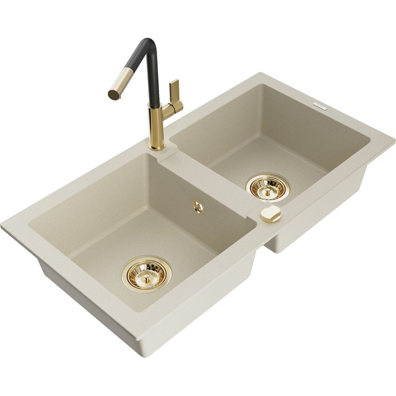 Zlewozmywak granitowy 2-komorowy Mexen Mario z baterią kuchenną Flora beżowy 6504-69-670401-57-G