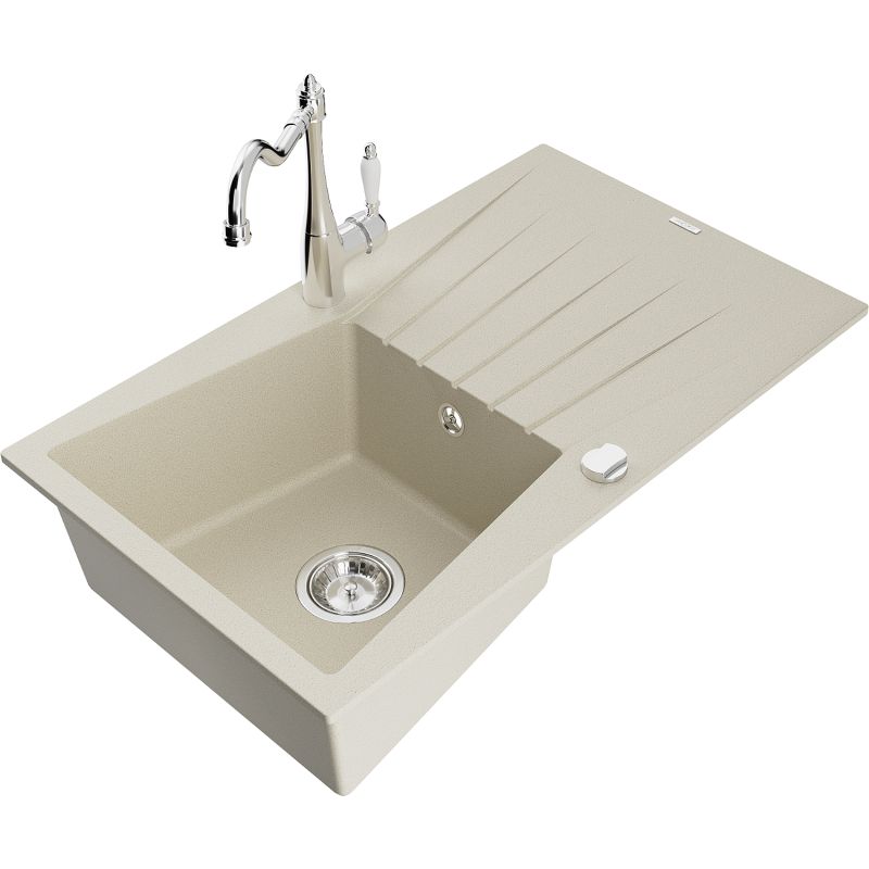 Zlewozmywak granitowy 1-komorowy Mexen Cesar z ociekaczem i baterią kuchenną Carla beżowy 6514-69-670700-00