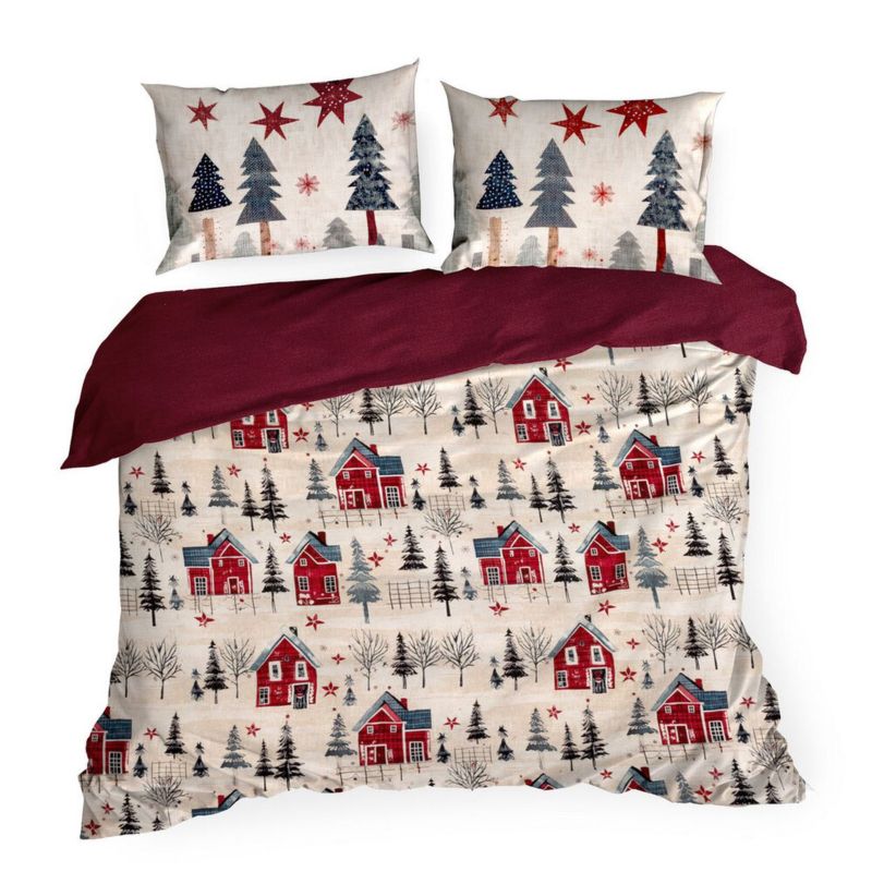 Pościel Świąteczna ASHER Eurofirany Bawełniana Kremowo Czerwona 220X200 Cm Kpl.