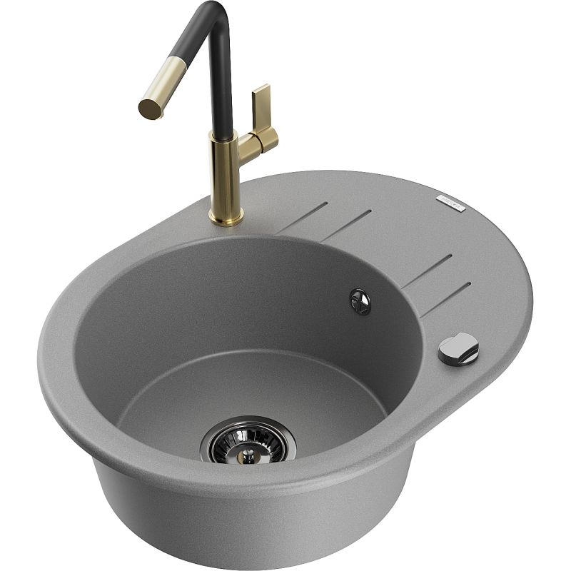 Zlewozmywak granitowy 1-komorowy Mexen Kevin z ociekaczem i baterią kuchenną Flora szary 6517-71-670401-57-B