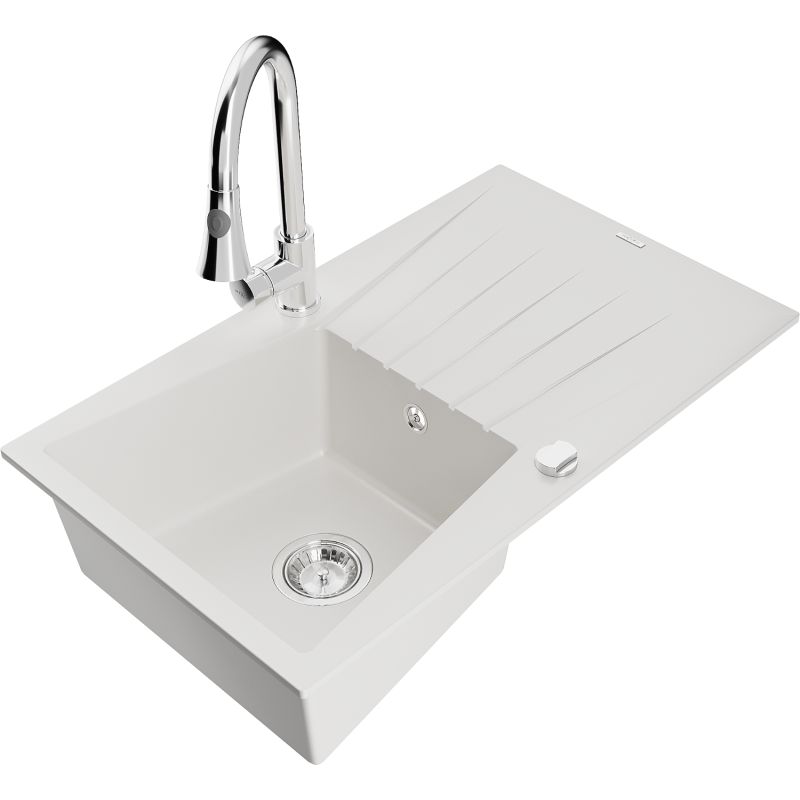 Zlewozmywak granitowy 1-komorowy Mexen Cesar z ociekaczem i baterią kuchenną Elia biały 6514-20-670101-00