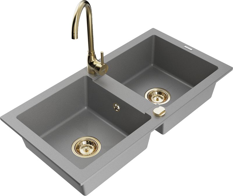 Zlewozmywak granitowy Mexen Mario 2-komorowy z baterią kuchenną Telma szary 6504-71-670200-50