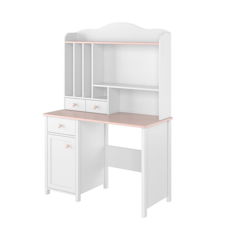 Biurko z nadstawką i szufladą Bettso Laura nowoczesne z różowymi dodatkami biały 1szt.