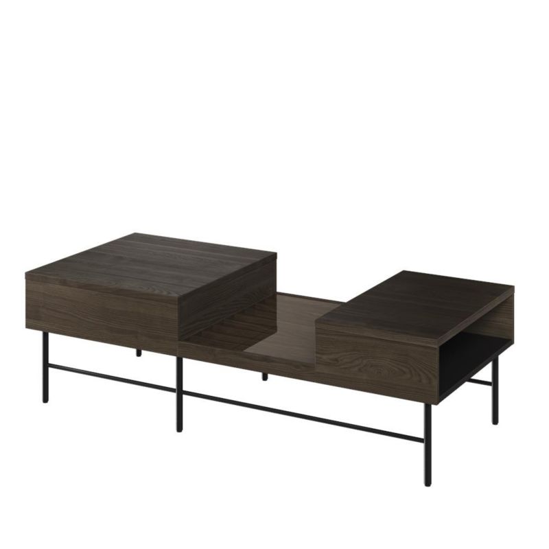 Stolik kawowy Bettso Piemonte przeszklony z szufladą i schowkiem na czarnych metalowych nogach jesion portland czarny 1szt.