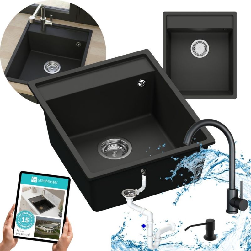 Zestaw zlewozmywak kuchenny GranMaster Magma 1-komorowy z baterią, syfonem i dozownikiem płynu, czarny metalik 1szt.