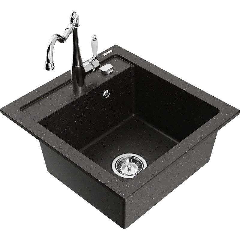 Zlewozmywak granitowy 1-komorowy Mexen Vito z baterią kuchenną Carla czarny/złoty metalik 6503-75-670700-00