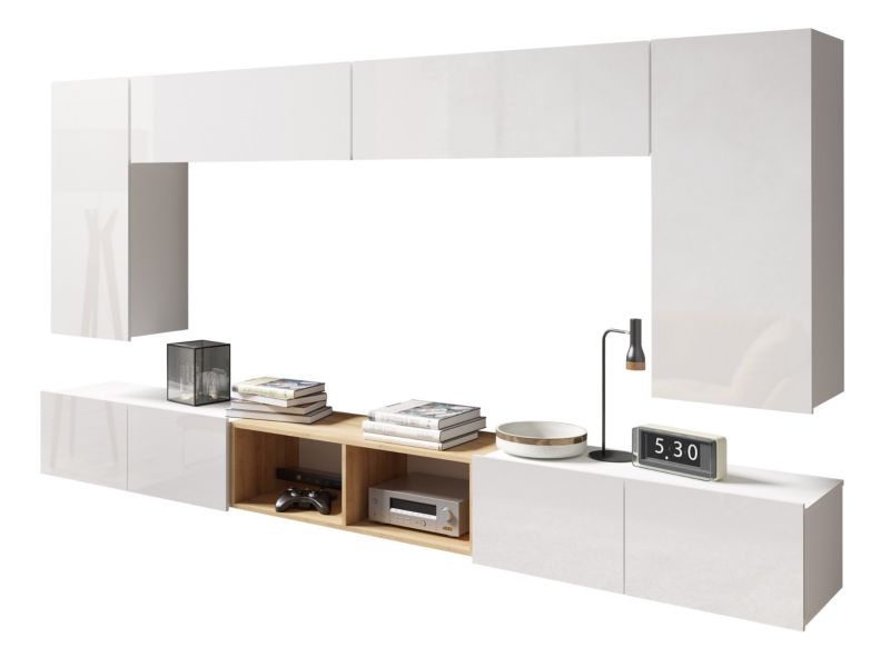 Meblościanka MIRJAN 24 Calabrini XXIII biały / biały połysk + dąb złoty 1 kpl.