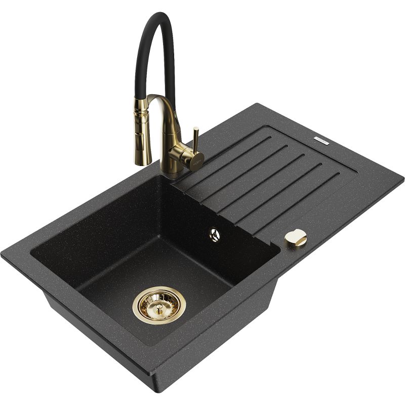 Zlewozmywak granitowy 1-komorowy Mexen Pablo z ociekaczem i baterią kuchenną Aster czarny/srebrny metalik 6510-73-73450-57-G