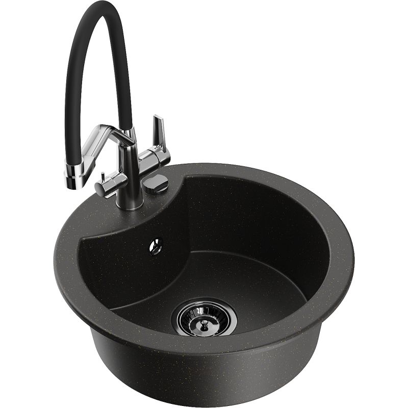 Zlewozmywak granitowy 1-komorowy Mexen Diego z baterią kuchenną Duo czarny/złoty metalik 6512-75-671701-07-B