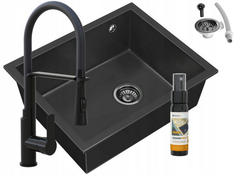 Zlewozmywak granitowy podblatowy Granitan Salix Czarny Bateria Vegas Czarna Syfon Czarny 1 kpt.