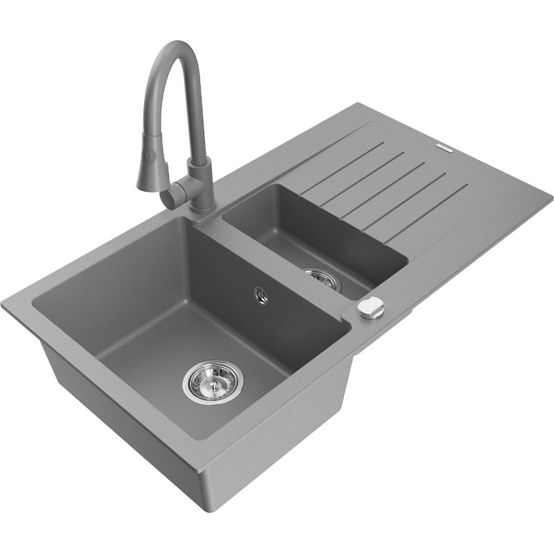 Zlewozmywak granitowy 1.5-komorowy Mexen Matias z ociekaczem i baterią kuchenną Flora beżowy - 6502-69-670401-70-B 1 szt.