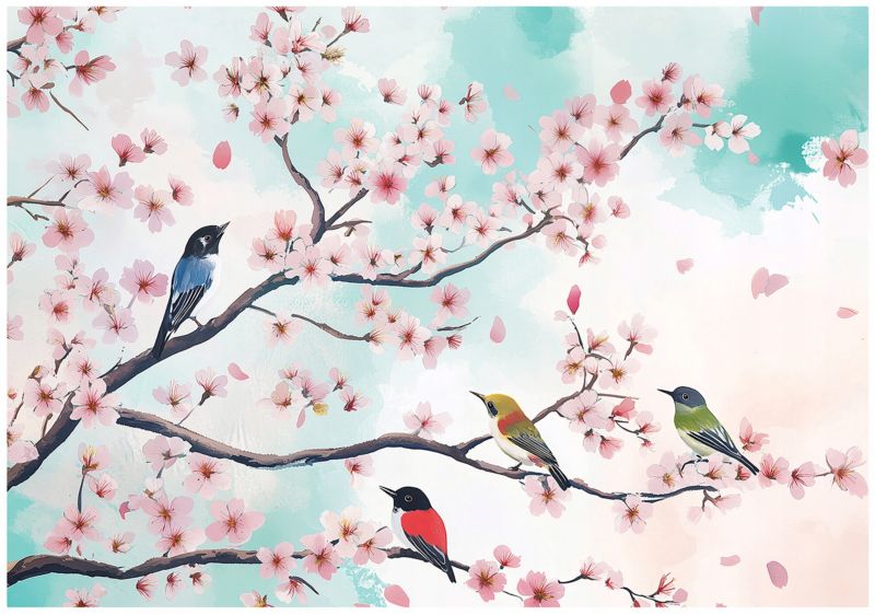 Fototapeta Ptaki Kwiaty Wiśni Gałązki WALLARENA 250x175 cm Tapeta Do Sypialni Salonu Na Flizelinie 1 szt.