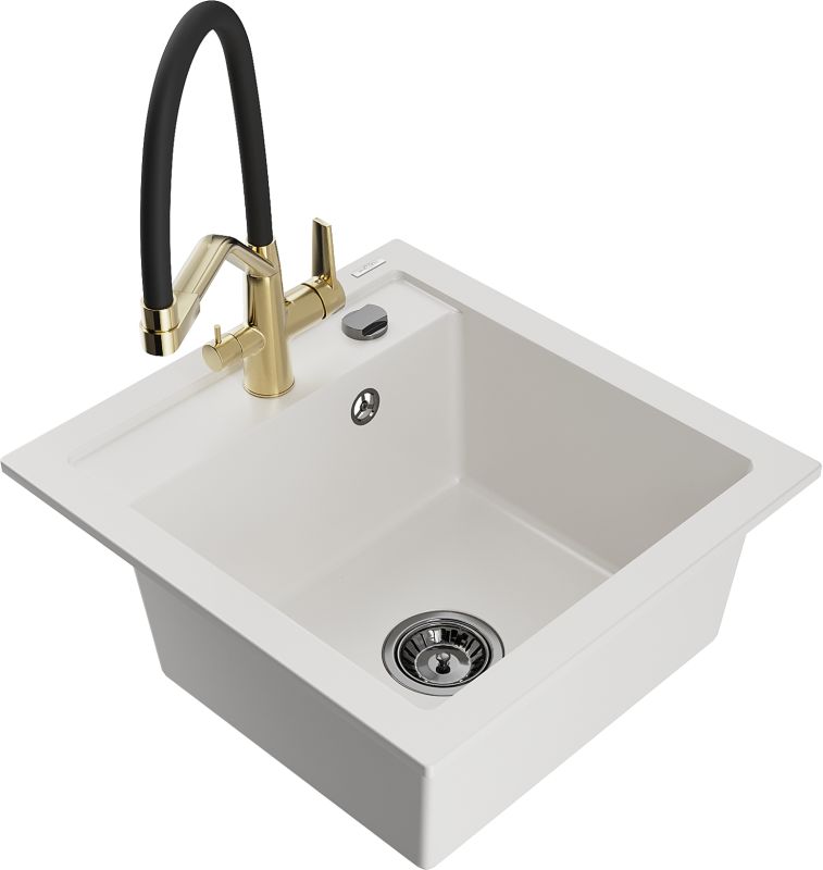 Zlewozmywak granitowy Mexen Vito 1-komorowy z baterią kuchenną Duo czarny - 6503-77-671701-57-B 1 szt.