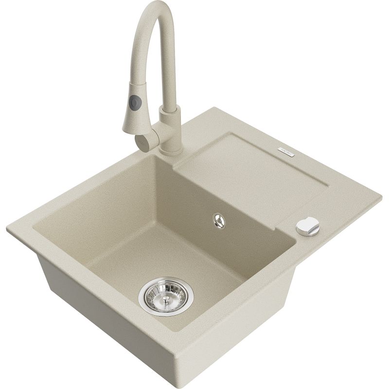 Zlewozmywak granitowy 1-komorowy Mexen Enzo z ociekaczem i baterią kuchenną Elia biały - 6506-20-670101-70 1 szt.