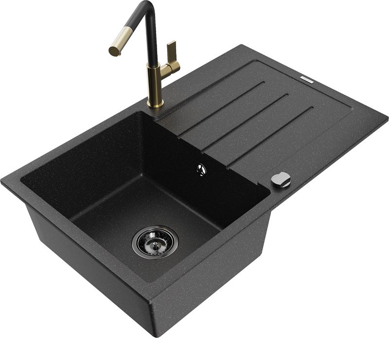 Zlewozmywak granitowy Mexen Bruno 1-komorowy z ociekaczem i baterią kuchenną Flora czarny/srebrny 6513-73-670401-57-B