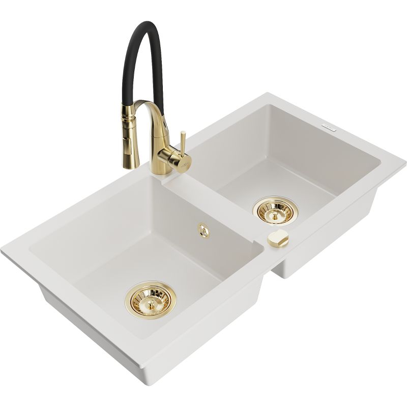 Zlewozmywak granitowy 2-komorowy Mexen Mario z baterią kuchenną Aster biały 6504-20-73450-57-G