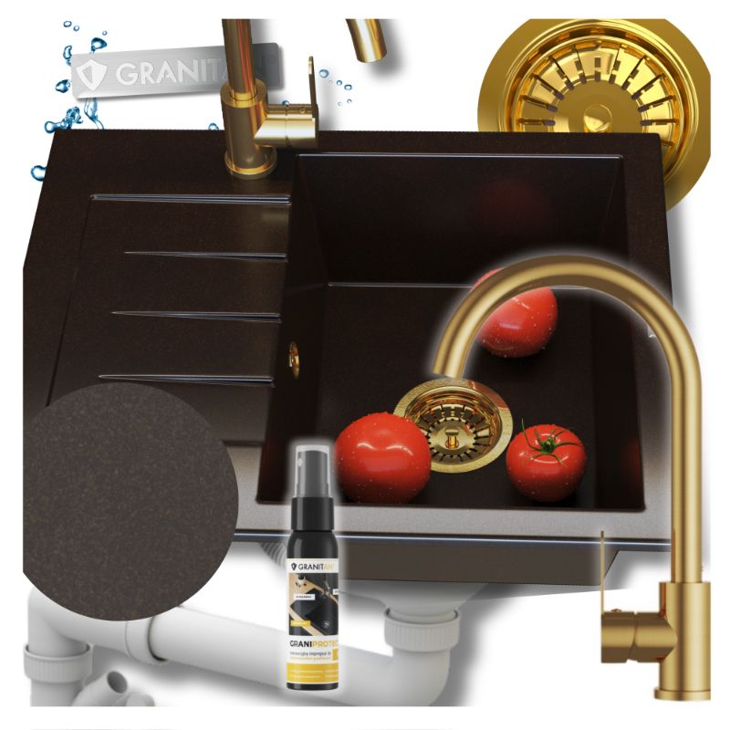 Zlew Granitowy Kuchenny Granitan Milano jednokomorowy Deep Brown Bateria Syfon 1kpl.