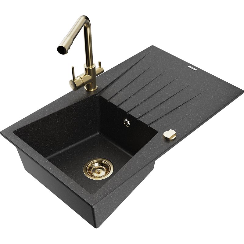 Zlewozmywak granitowy 1-komorowy Mexen Cesar z ociekaczem i baterią kuchenną Duero czarny/srebrny metalik 6514-73-671600-50