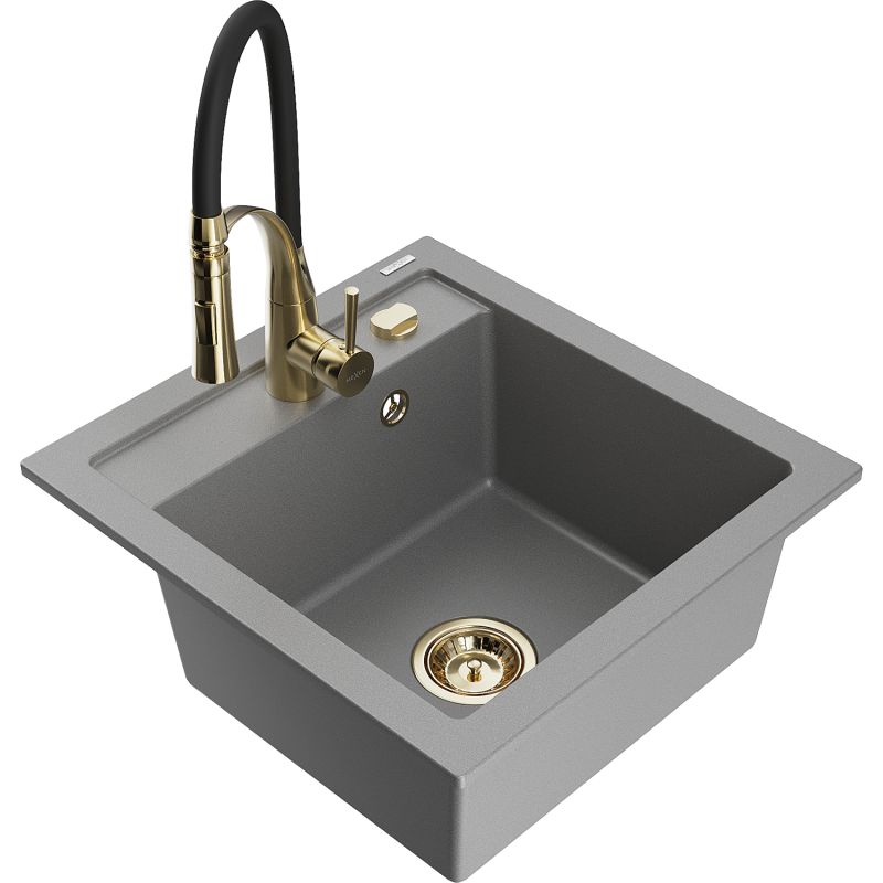 Zlewozmywak granitowy 1-komorowy Mexen Vito z baterią kuchenną Aster szary 6503-71-73450-57-G