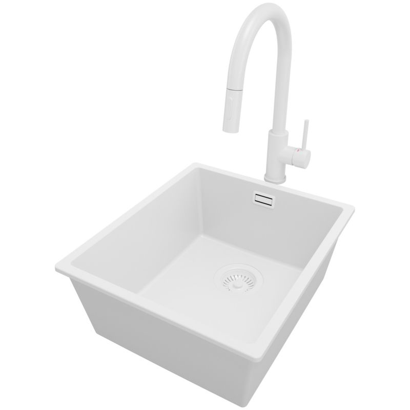 Zlewozmywak Granitowy Londyn Slim PRIMAGRAN Nablatowy 41x47cm do szafki od 45cm, Cały Biały + Bateria + Syfon, S138, 1 szt.