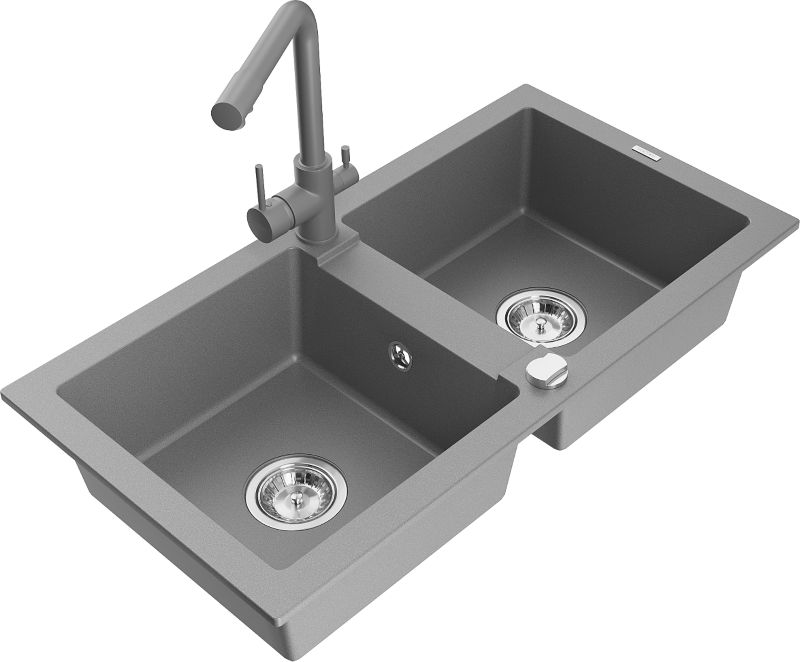 Zlewozmywak granitowy Mexen Mario 2-komorowy z baterią kuchenną Duo beżowy - 6504-69-671701-57-B 1 szt.