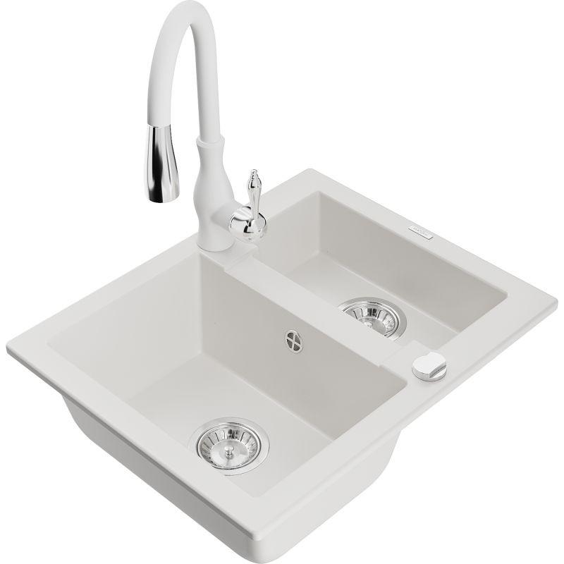 Zlewozmywak granitowy 1.5-komorowy Mexen Carlos z baterią kuchenną Savita biały 6518-20-672601-20