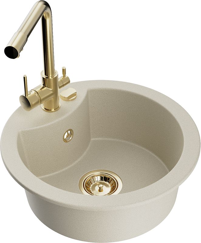 Zlewozmywak granitowy Mexen Diego 1-komorowy z baterią kuchenną Duero beżowy 6512-69-671600-50