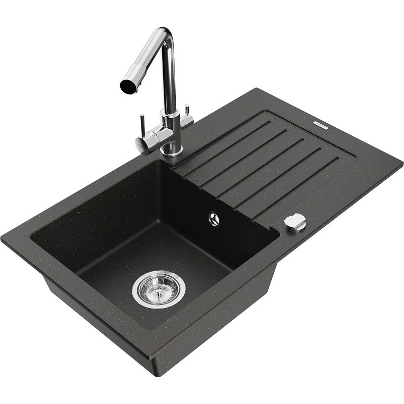 Zlewozmywak granitowy 1-komorowy Mexen Pablo z ociekaczem i baterią kuchenną Duero czarny/złoty metalik 6510-75-671600-00