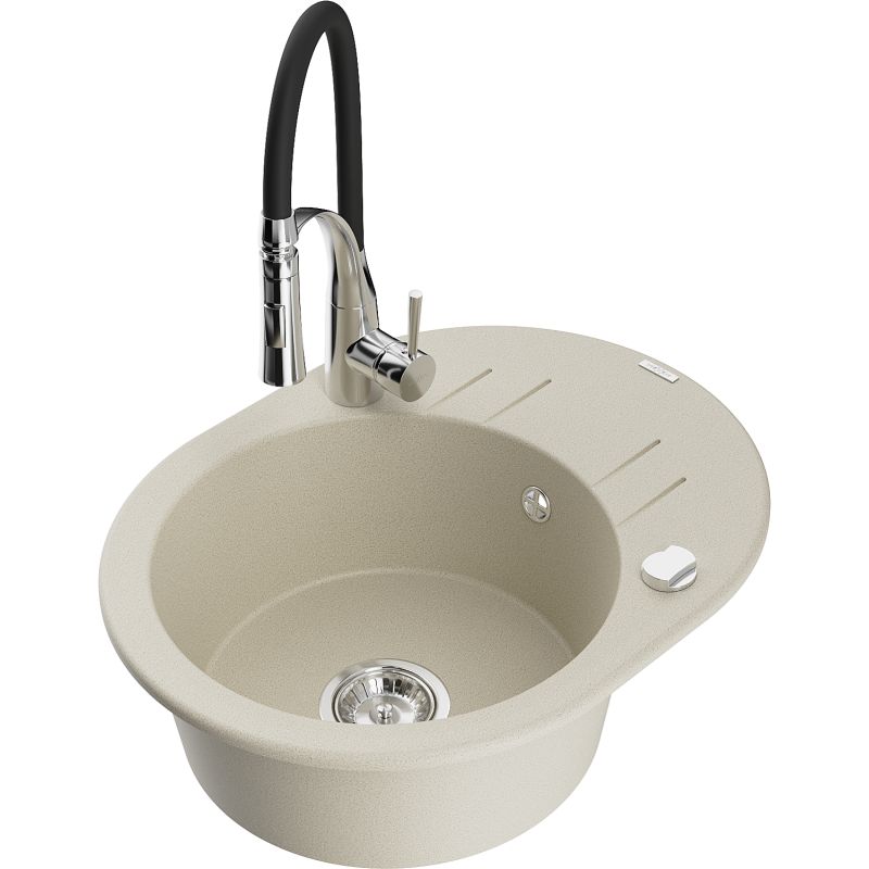 Zlewozmywak granitowy 1-komorowy Mexen Kevin z ociekaczem i baterią kuchenną Aster beżowy 6517-69-73450-07