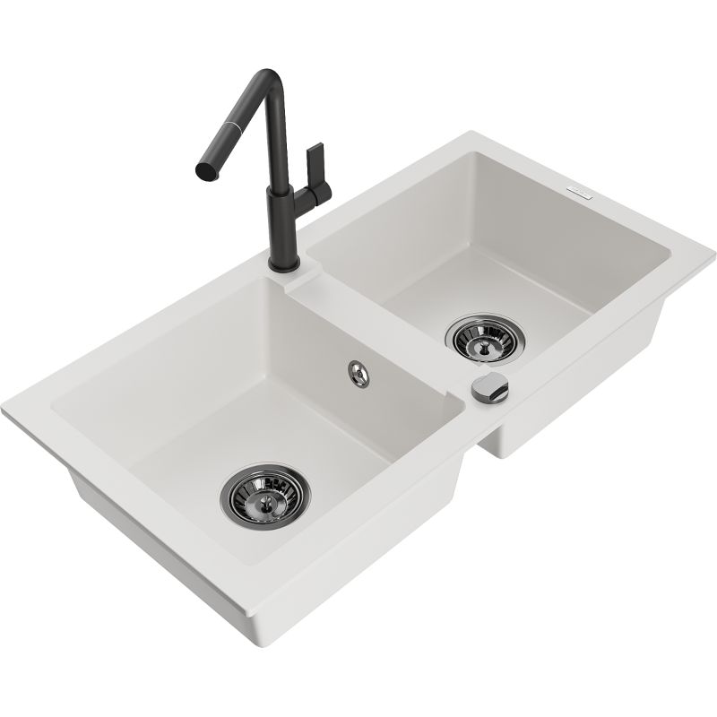 Zlewozmywak granitowy 2-komorowy Mexen Mario z baterią kuchenną Flora czarny - 6504-77-670401-00 1 szt.