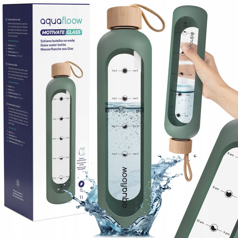 Butelka na wodę, AquaFloow, szklana, z miarką motywacyjną, bidon, w etui silikonowym, z nakrętką bambusową, 1L, zielona, 1szt