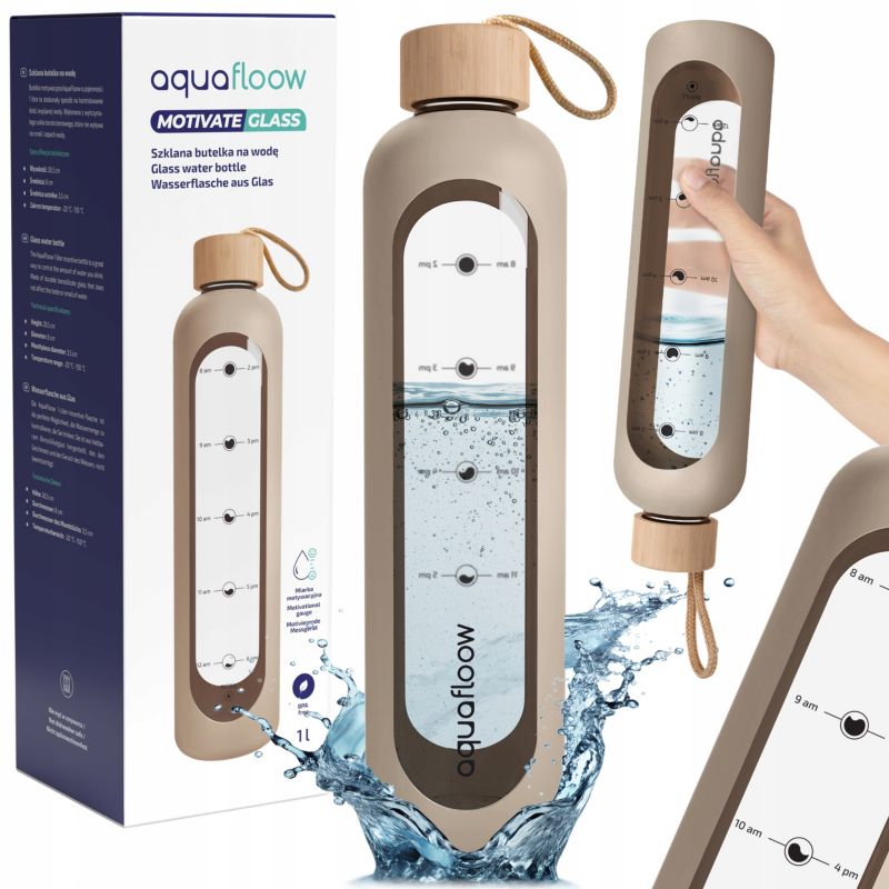 Butelka na wodę, AquaFloow, szklana, z miarką motywacyjną, bidon, w etui silikonowym, z nakrętką bambusową, 1L, beżowa, 1szt