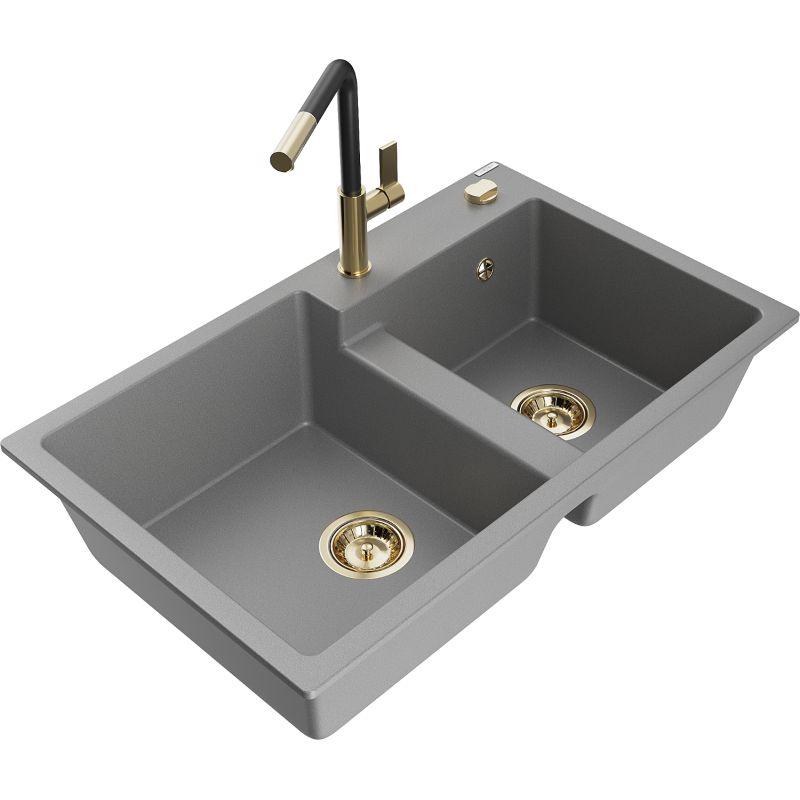 Zlewozmywak granitowy 2-komorowy Mexen Tomas z baterią kuchenną Flora szary - 6516-71-670401-70-B 1 szt.