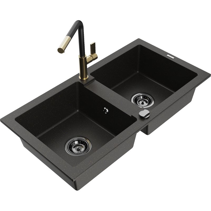 Zlewozmywak granitowy 2-komorowy Mexen Mario z baterią kuchenną Flora czarny/złoty metalik 6504-75-670401-57-B