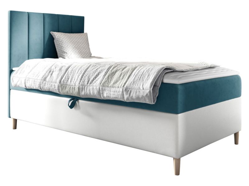 Łóżko kontynentalne MIRJAN 24 Maja Junior 1 90x200, Strona: Lewa biała ekoskóra/szaroniebieski 1 szt.