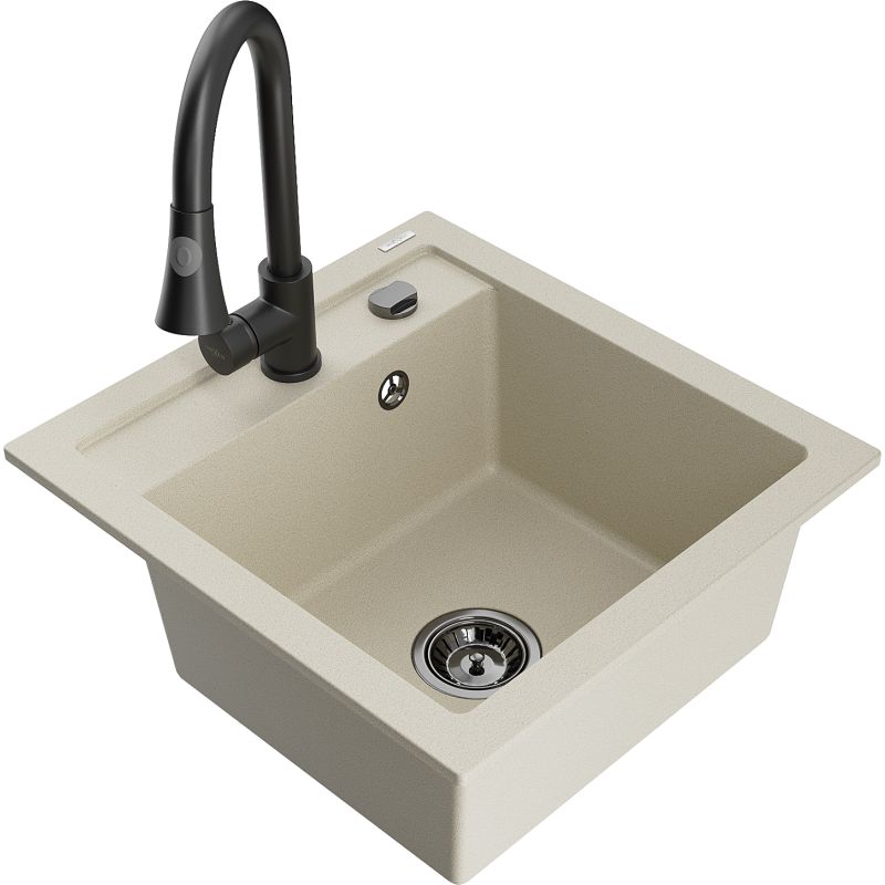 Zlewozmywak granitowy 1-komorowy Mexen Vito z baterią kuchenną Elia biały - 6503-20-670101-70 1 szt.