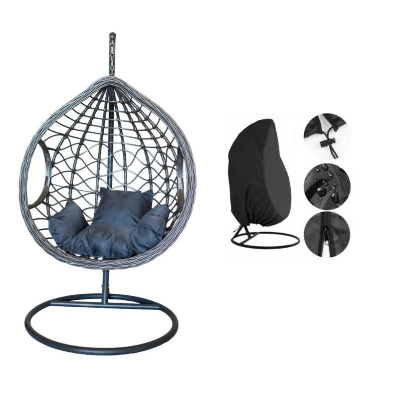 Fotel ogrodowy wiszący Bettso Nest z szarą poduszką i pokrowcem przeciwdeszczowym szary 1szt.