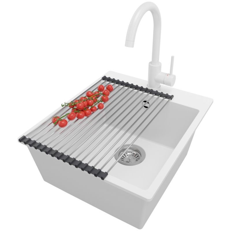 Zlewozmywak Granitowy Ryga PRIMAGRAN Nablatowy 43x50cm do szafki od 45cm z Syfonem i Baterią i Dodatkiem Biały 1 szt.